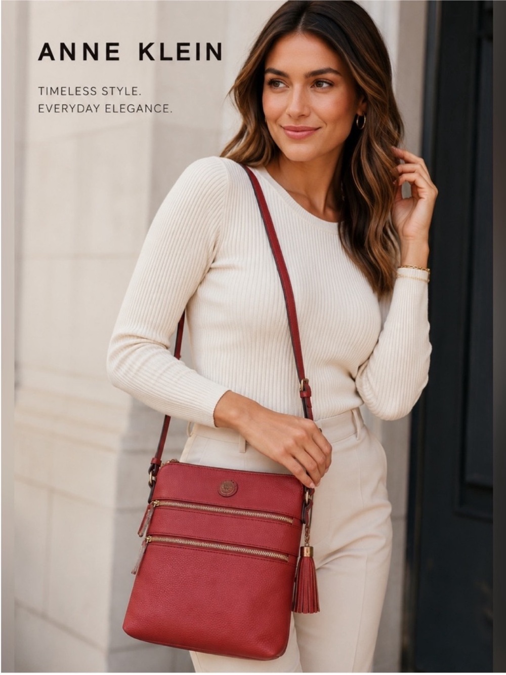 NWT ~ Anne Klein Brick Red Pebbled Crossbody with Tassel